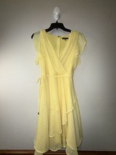 Tommy Hilfiger Women's Yellow Swiss Dot Ruffle Sleeve Wrap-Style Dress