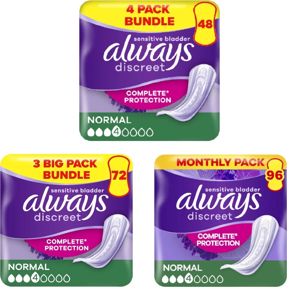 BRANDED 48 x Always Discreet Sensitive Bladder Incontinence Pads Normal (4 Packs of 12)