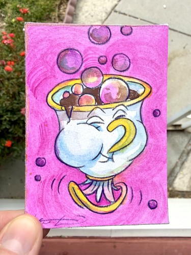 Original ACEO Chip Painting by Alannah Dyer- Mini Art 2.5x3.5 in. Disney Teacup