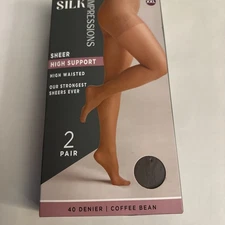 Silk Impressions Sheer Support Pantyhose 2 Pack Size XXL Coffee Bean 30 Denier