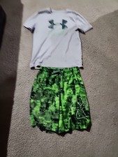 Gray And Green Under Armour Kids Shirt And Shorts Set