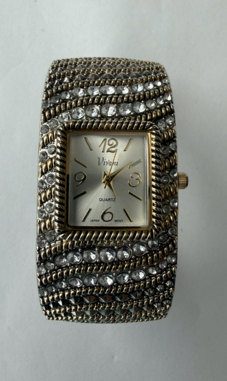 Ladies Vintage Vivani Watch, Gold/Silver - Jeweled Cuff Band - With Battery