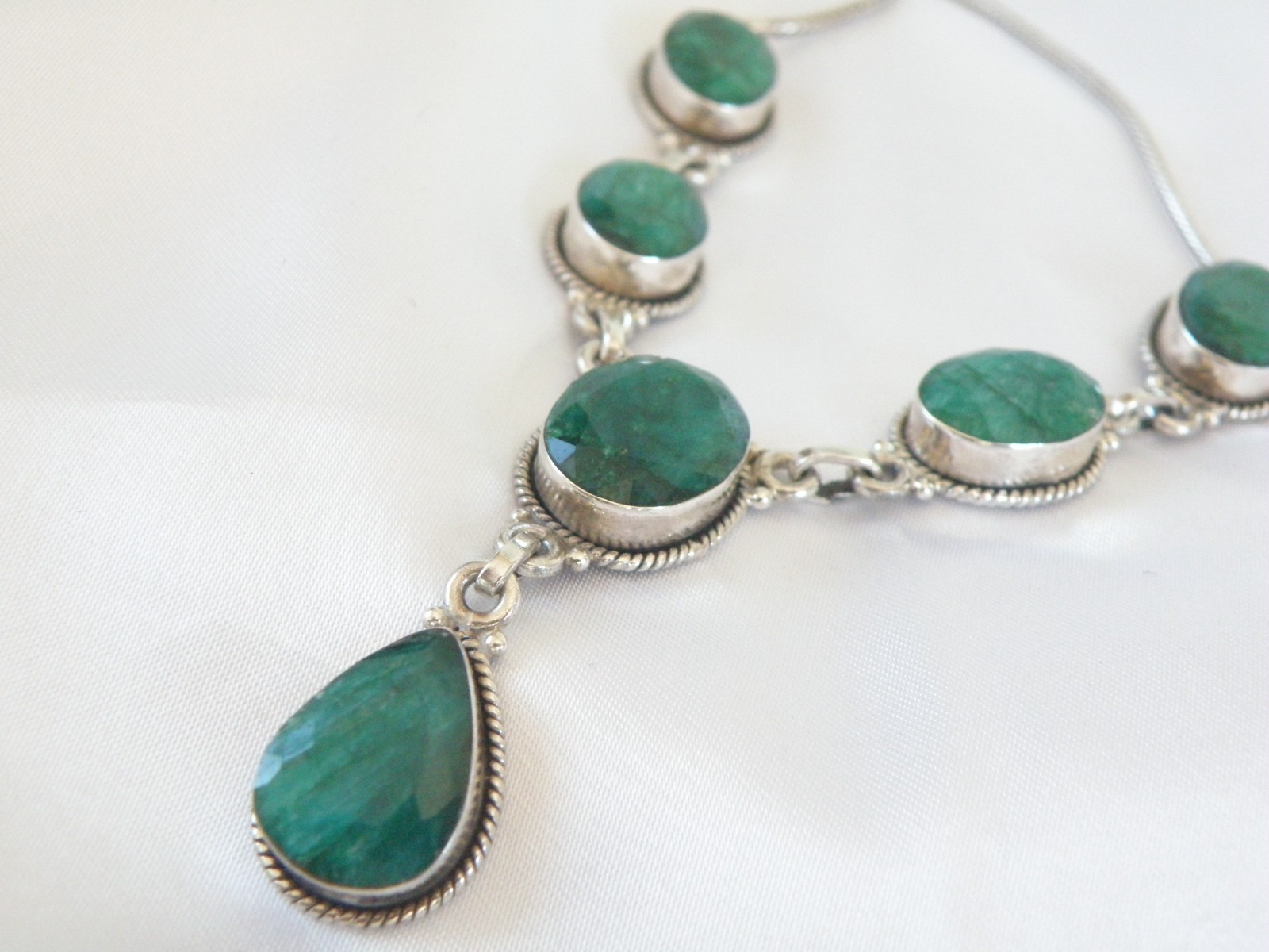 Vintage Sterling Silver 925 Large Natural Raw Emerald Statement Necklace 19