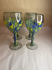 Hand Blown Mexican Confetti Wine Glass Water Goblet Barware Multicolor Set of 4