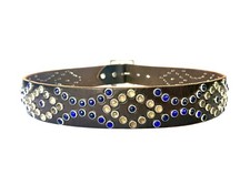 Joed Leather Dark Brown Belt, Silver Brass Studs Blue White Glass Crystals 34 M