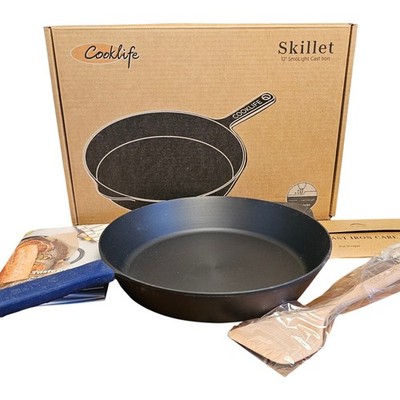 Cooklife 12 Inch SmoLight Cast Iron Skillet Set with Care Kit and Spatula Black