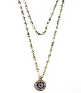 Authentic 18K Gold Plated Blue Evil Eye Pendant Necklace Two Tone Chain Lucky Nazar