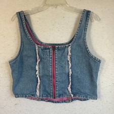 Vintage Lee Blue Denim Vest Sz L pink fringe trim back zip up western cowgirl