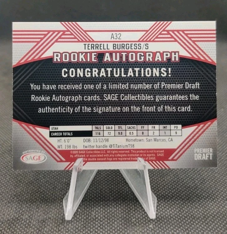 2020 Sage Hit #A32 Terrell Burgess Auto Rookie RC Utah Football Card - Image 2 of 2