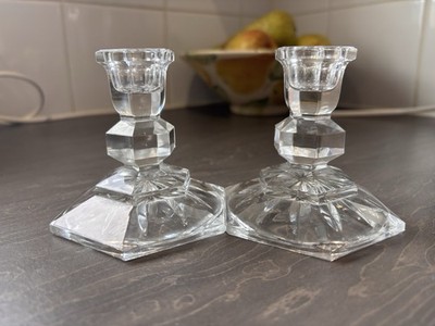 Vintage Art Deco Stil Kristallglas Kerzenständer - sechseckiger Stufenfuß Paar
