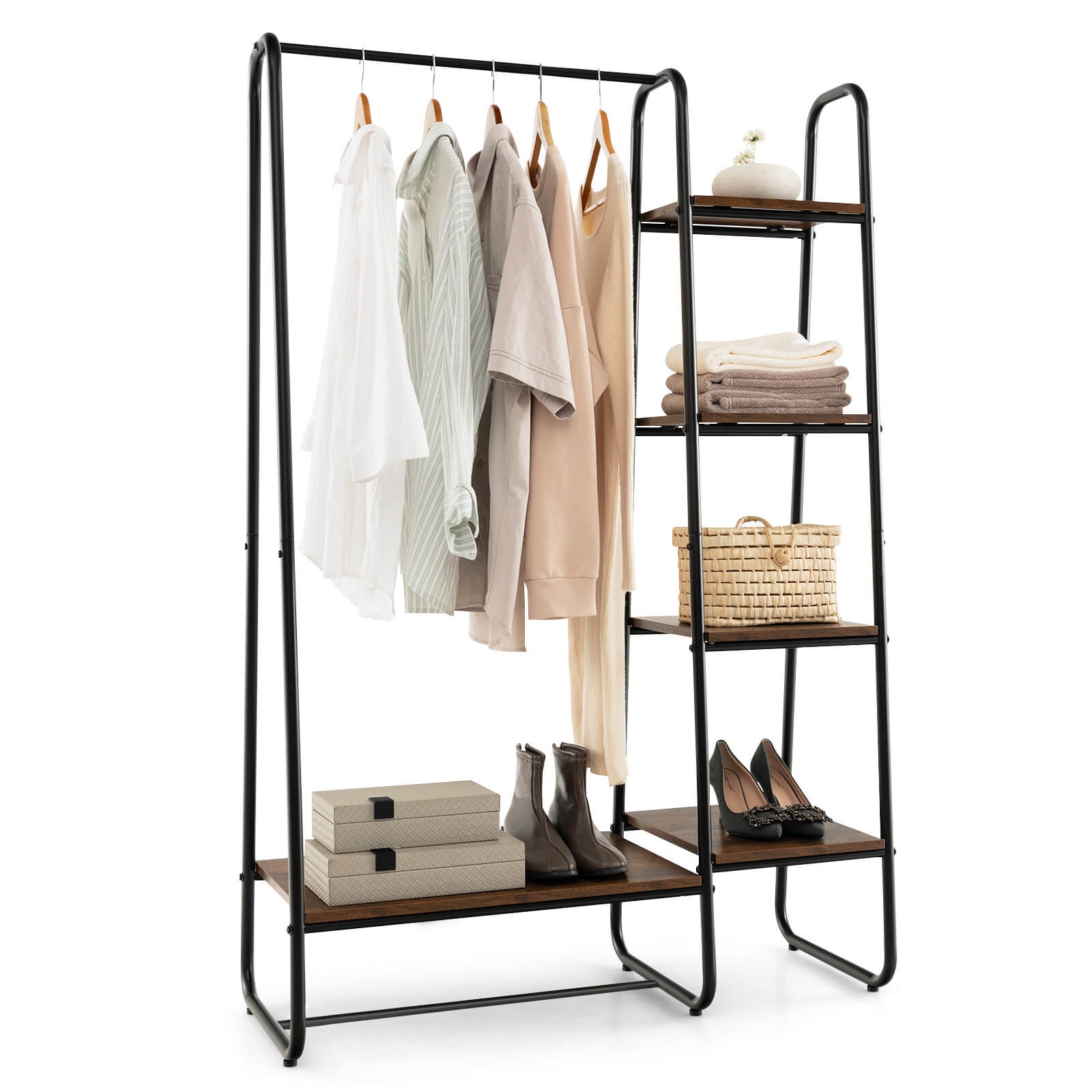 Clothes Rack Portable Closet Storage Organizer 5-Tier Wood Shelves & Hanging Rod-image