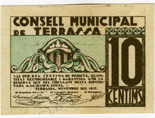 ☆ SPAIN CIVIL WAR 1937 • TERRASSA 10 cts MUNICIPAL ☆ GUERRA CIVIL ESPAÑOLA☆D1713