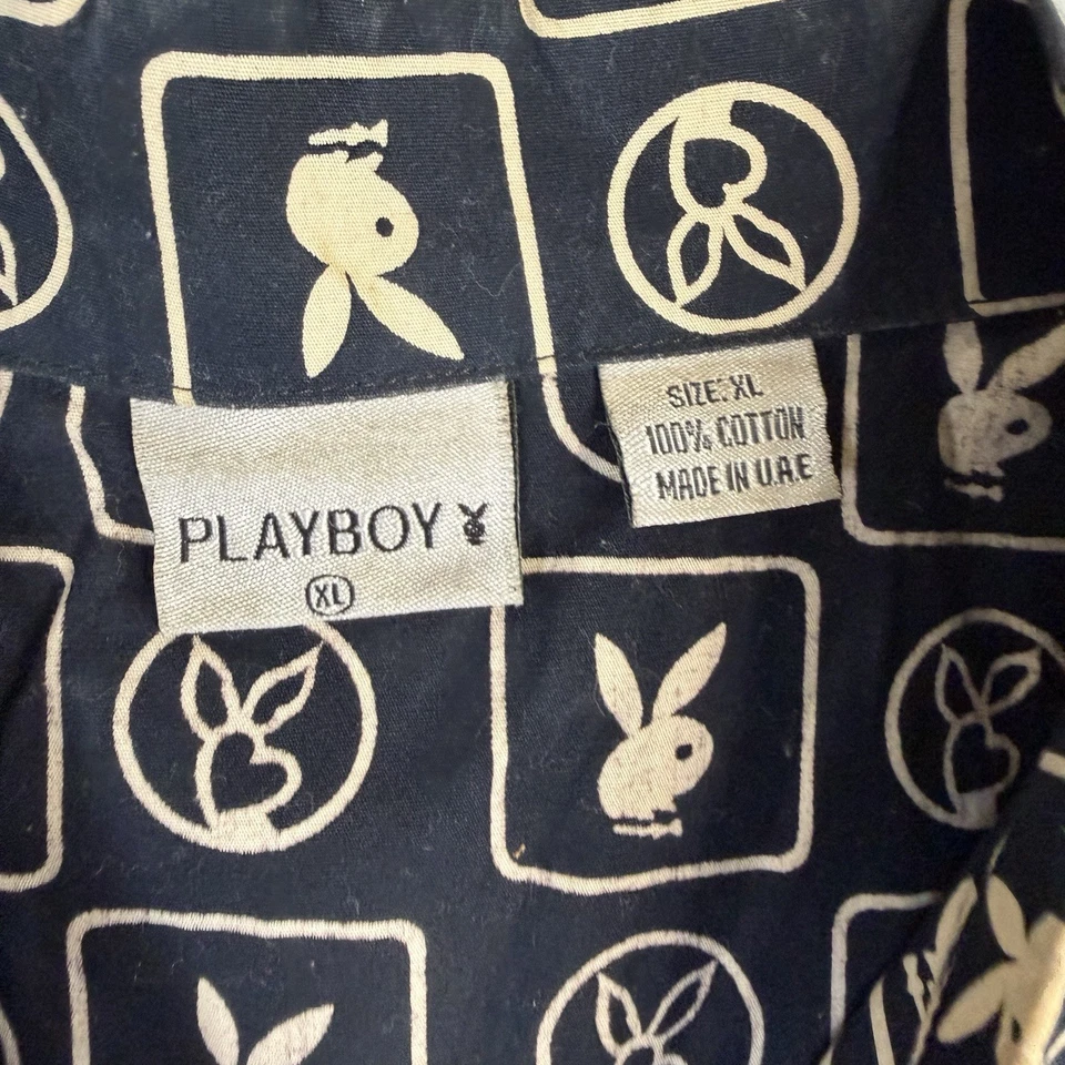 Vintage Playboy Shirt Mens XL Black Bunny Logo AOP Pearl Snap Camp Collar 90s - Image 4 of 4
