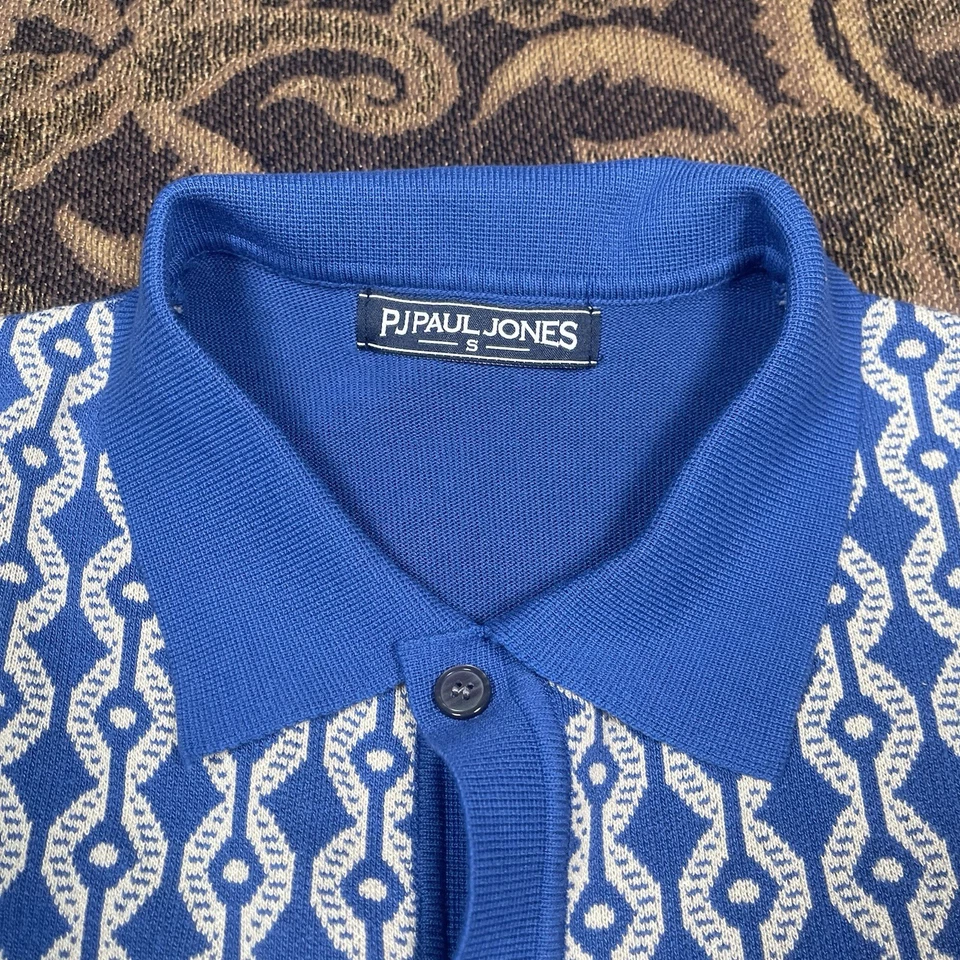 PJ Paul Jones Mens Knit Polo Shirt Size Small Button Up Retro Style Blue Cream - Image 3 of 4