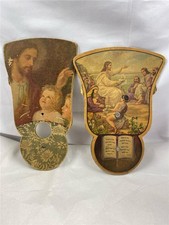 2 Vintage Religious Trifold Handheld Funeral Home Advertising Folding Fans