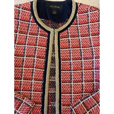St. John Red Navy Plaid Knit Jacket Gold Trim Metallic Open Front Size S
