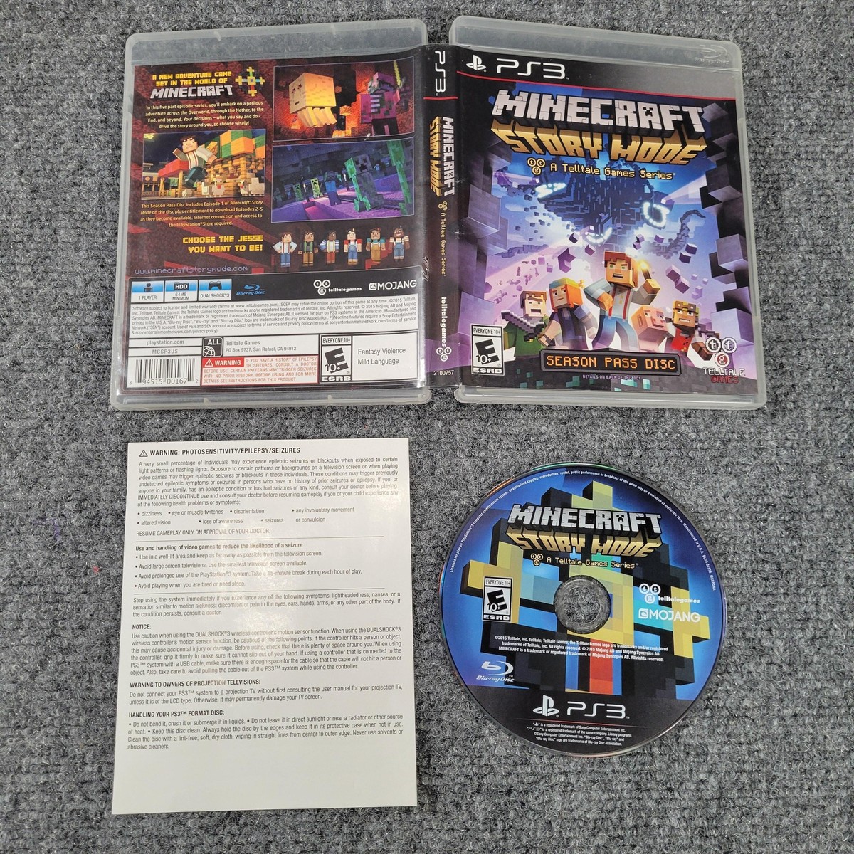 Minecraft Story Mode Season Pass Disc PS3 Game E10+ Telltale NTSC