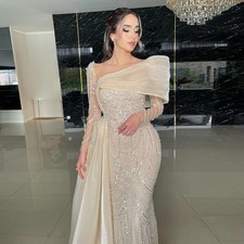 Luxury Nude Crystal Mermaid Evening Dress with Overskirt Long Sleeve Prom