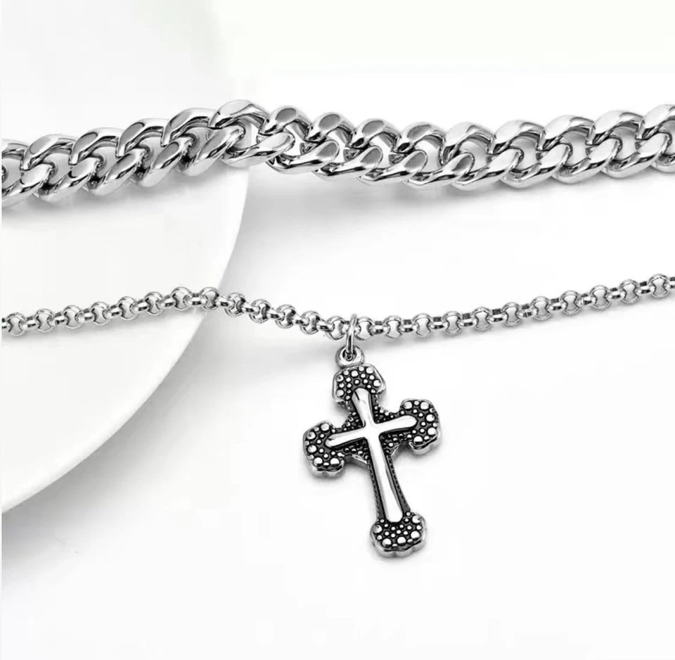 Nuevo collar cruzado de doble capa para hombre cadena de acero inoxidable hip hop unisex mujer Foto 4 de 4