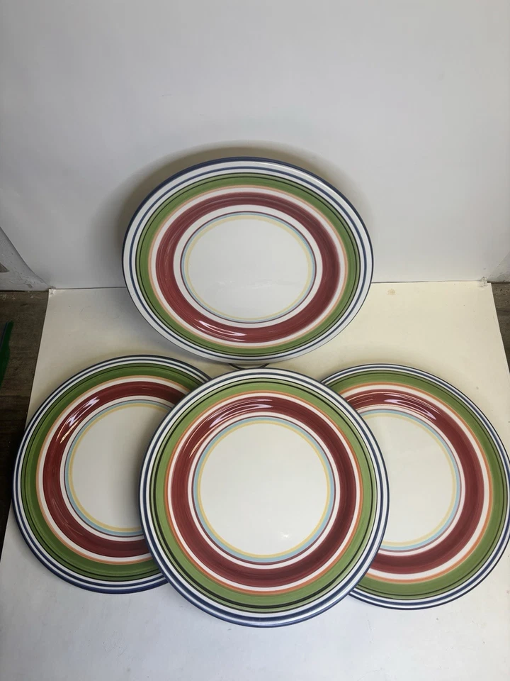 Pottery Barn Espadrille Stripe Dinner Plates (Set of 4) Hand Painted 12 1/2" XL - Image 2 of 4