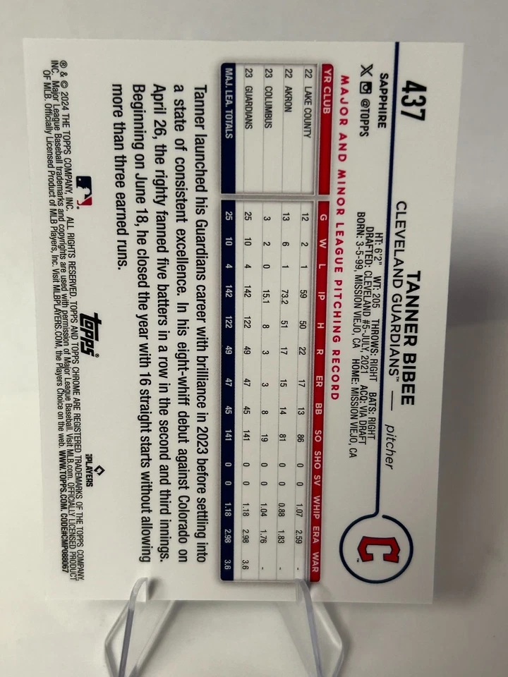 2024 Topps Chrome Sapphire Edition - Future Stars Tanner Bibee #437 - Image 2 of 2