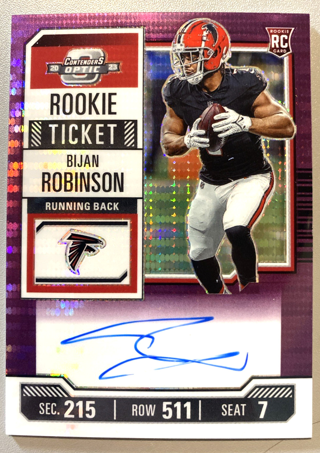 2023 Contenders Optic Bijan Robinson RC Purple Pulsar Rookie Ticket Auto /21