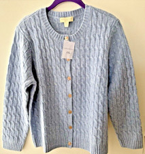 NWT Appleseeds 100 Wool Lt Blue Cable knit Cardigan sz PL Button Up Long Sleeve
