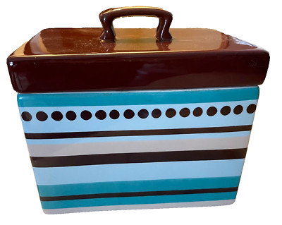 Harbor East Pottery Kitchen Storage Box Blue ''Let Us Entertain You'' 7.5 x 6 x 5