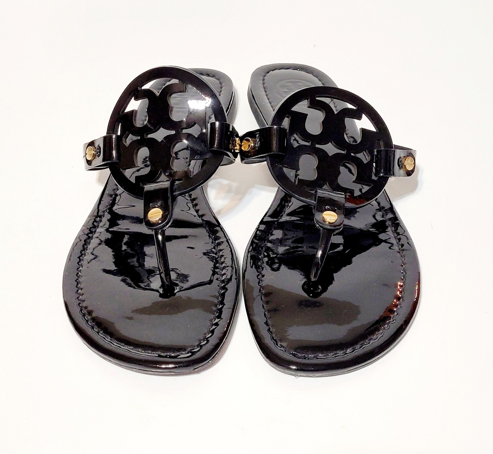 Tory Burch Miller Sandals Logo Black Patent Leather Thong FlipFlop Flats Wms 10M thumbnail 3