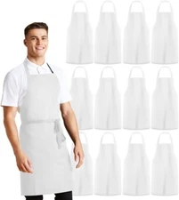 12 pc/1dz White Unisex Bib Aprons -100% Polyester Chef Apron  Cooking