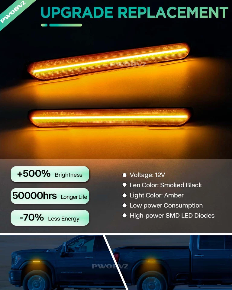 For 2020-2024 GMC Sierra 2500 3500 HD Front Rear Fender LED Side Marker Lights - Изображение 2 из 4