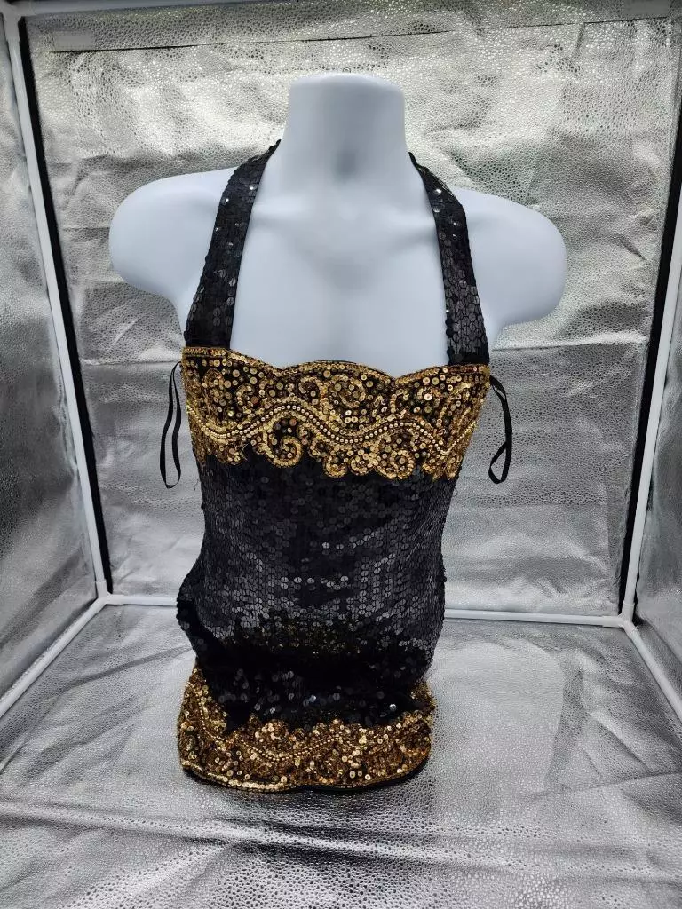 Niteline by Della Roufogali Vintage Strap over Dress 10 Black Bead Sequin +  GOLD | eBay