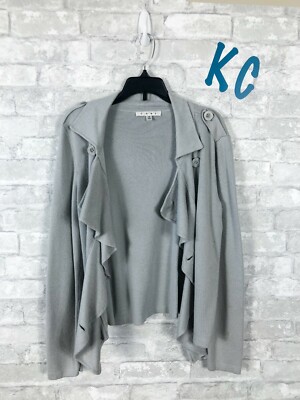 CABI SWEATER JACKET GRAY BUTTON RUFFLE DETAIL SUPER SOFT MEDIUM-HEAVY WEIGHT S 