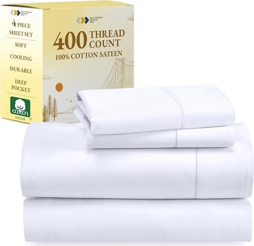 Natural 100% Cotton Sheets Queen Size Bed Set - Soft 400 Thread Count Sateen, Qu