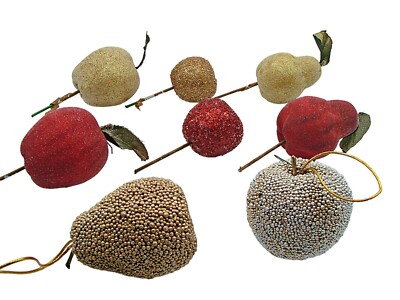 Lot 8 Ornaments Holiday Decor Sugar Glittered Beaded Fruit Apples Pears MCM Vtg