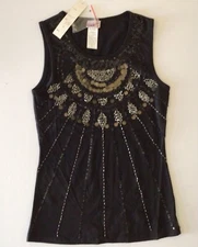 NWT San Joy Embellished Black Tank Top Sequins Beaded Sz S XS