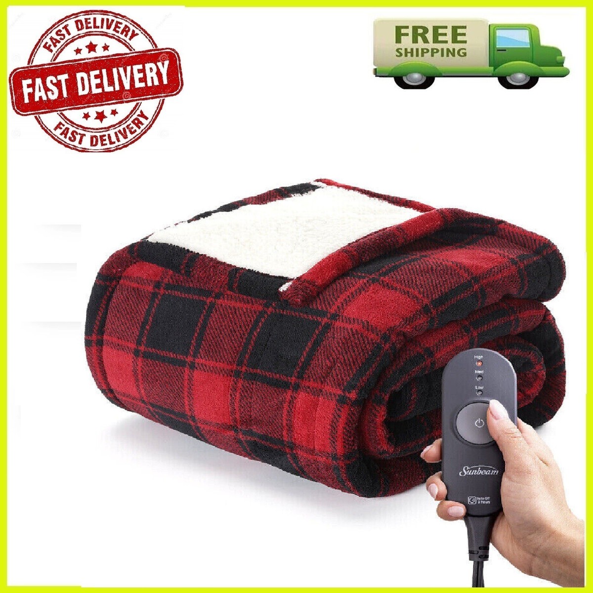 Sunbeam Heated Electric Throw Blanket, Cozy Sherpa Red Buffalo Checker 50  x 60 | eBay