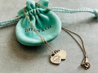 Tiffany Return to Mini Double Heart Tag Necklace Rubedo Silver Fast  Ship