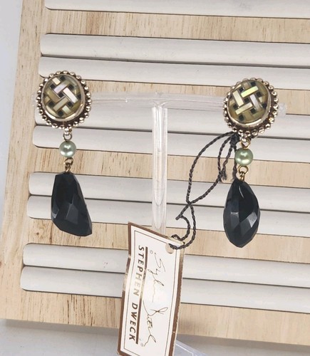 Stephen Dweck Bronze Sterling 925 Drop Earrings Black Onyx MOP 60mm Vintage