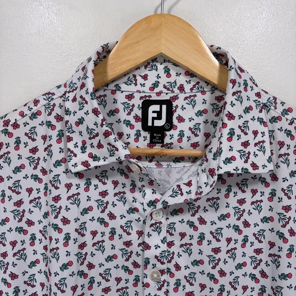Footjoy Performance Polo Golf Shirt Men Large White Pink Flowers All Over Print - Image 3 of 4