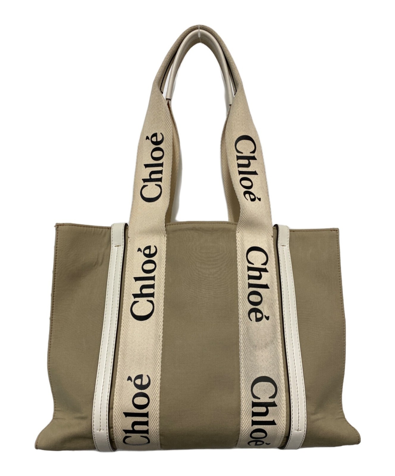 Authentic Chloe Woody Canvas Medium Top Handle Tote Bag Handbag Brown Beige