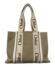 Autentica borsa tote bag Chloe Woody in tela con manico superiore medio marro...