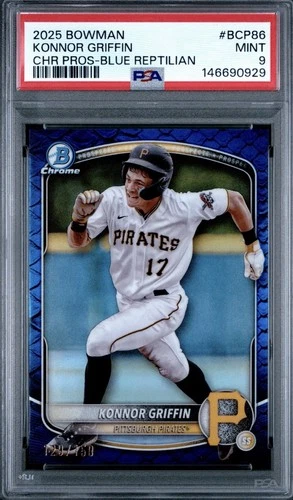 2025 Bowman Chrome KONNOR GRIFFIN Blue Reptilian Refractor #129/150 PSA 9