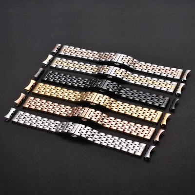 High End 7 Beads Solid Stainless Steel Watch Band Strap Curved Bracelet 12-24mm 