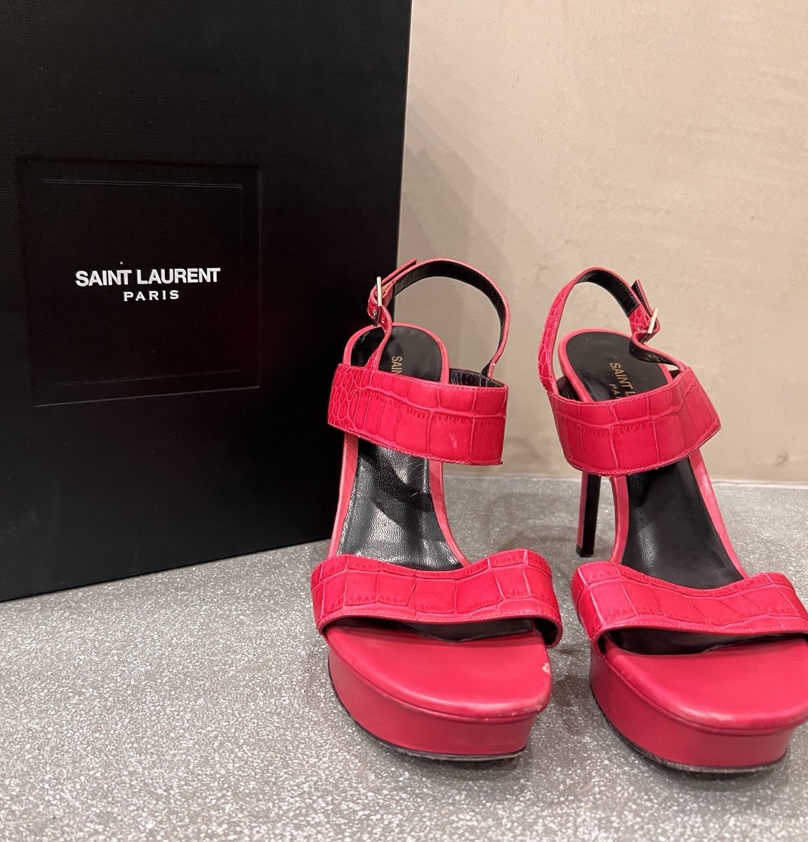 YVES SAINT LAURENT rosa croc goffrato omaggio bianca sandalo scarpa gomma da masticare 38 5