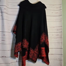 Red Aztec Pattern Black Knit Poncho Cape Shawl Wrap Sweater Coat