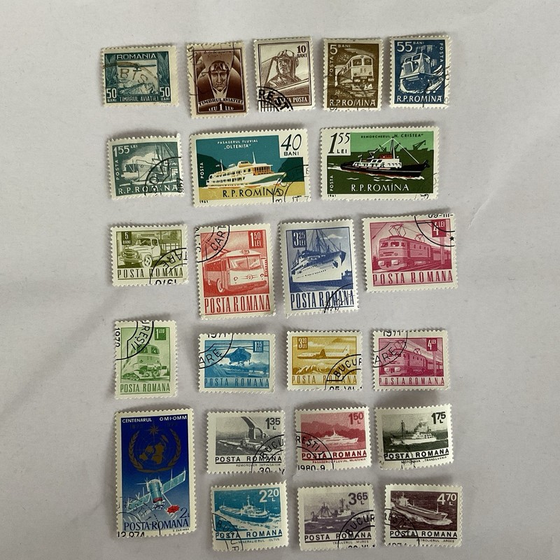 23 Romania stamps~1931-1974~airplanes~ships~trains~trolley~bus~helicopter~diesel