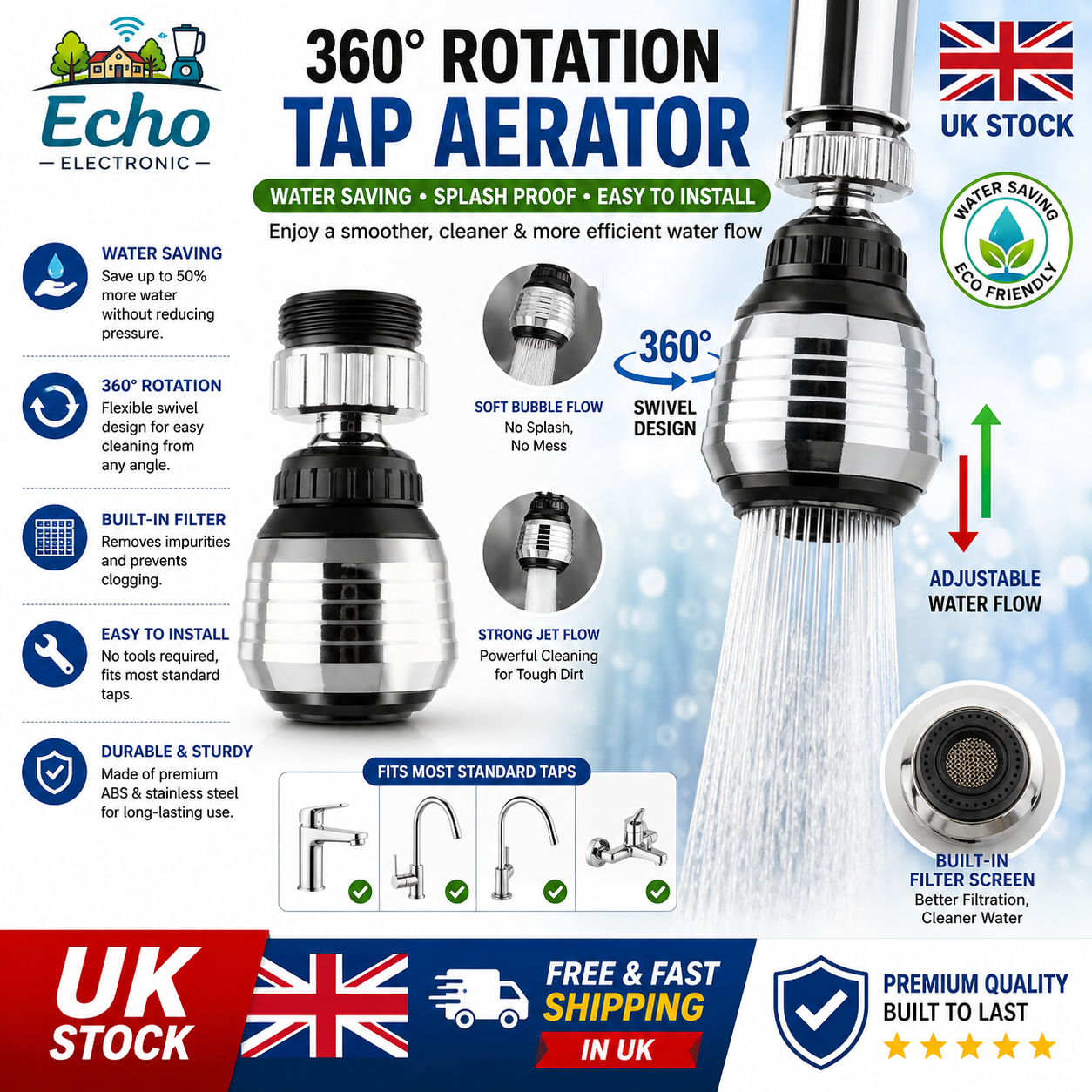 360° Rotation Swivel Water Saving Tap Aerator Faucet Filter Kitchen Connector