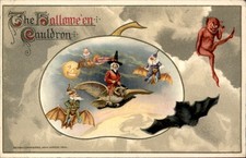 Halloween WINSCH Cauldron Witches Bats Pumpkin Moon Devil Vintage Postcard