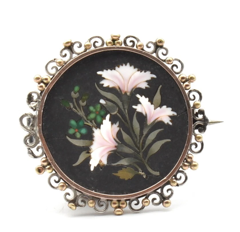 Broche Ronde Pietra Dura - Marqueterie De Pierres Ardoise Motif Floral - Italie